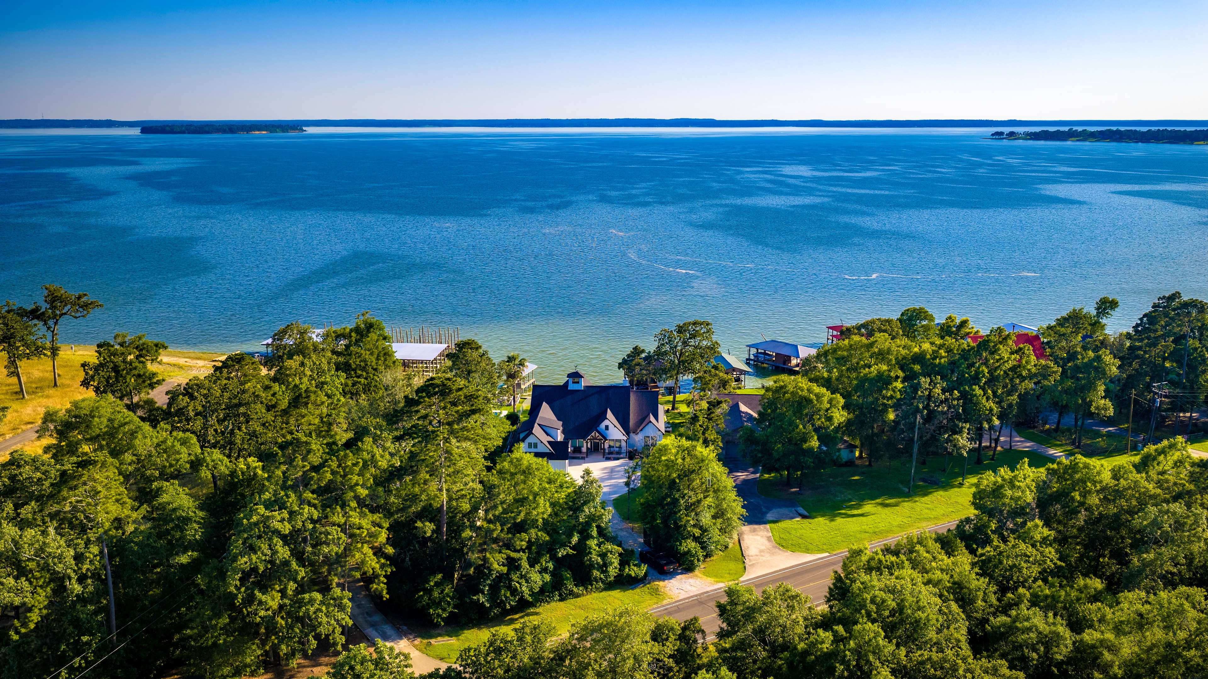 Drone aerial of lake house property