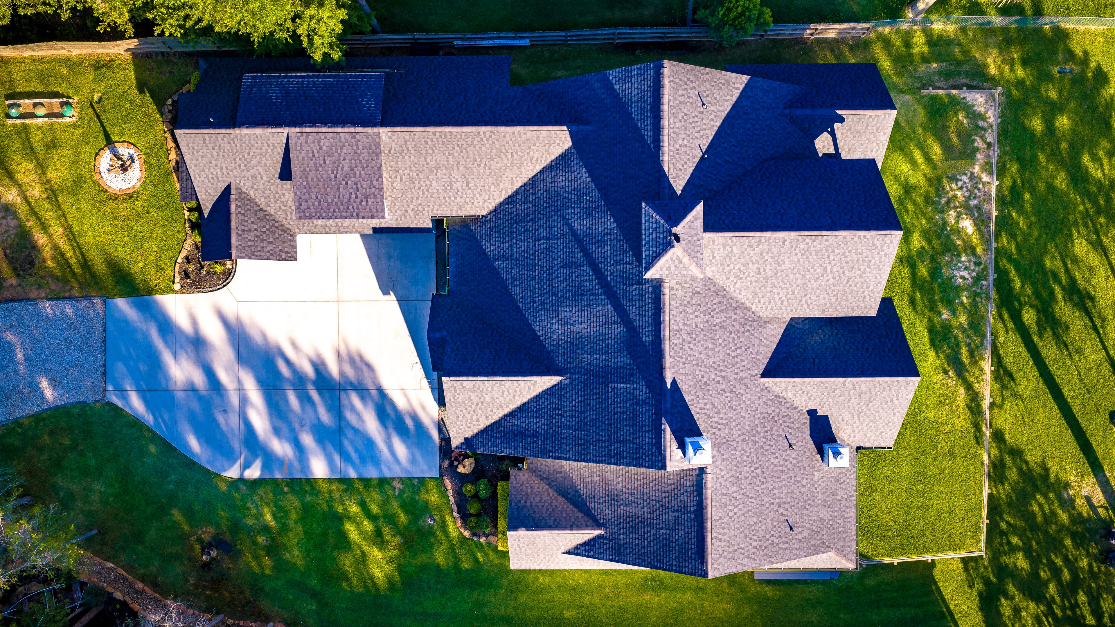 Aerial view of lake house from above