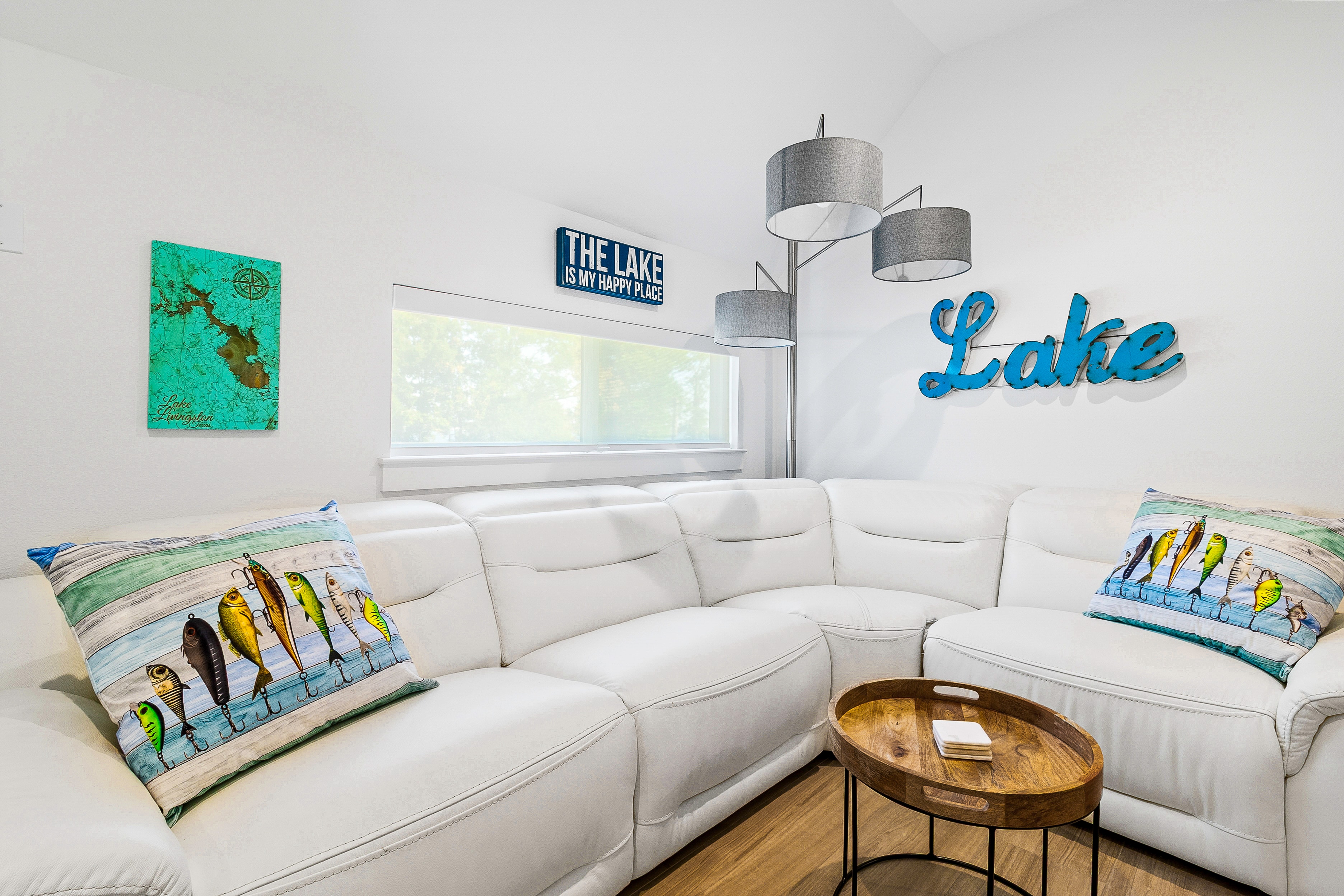 Open living room with lake views