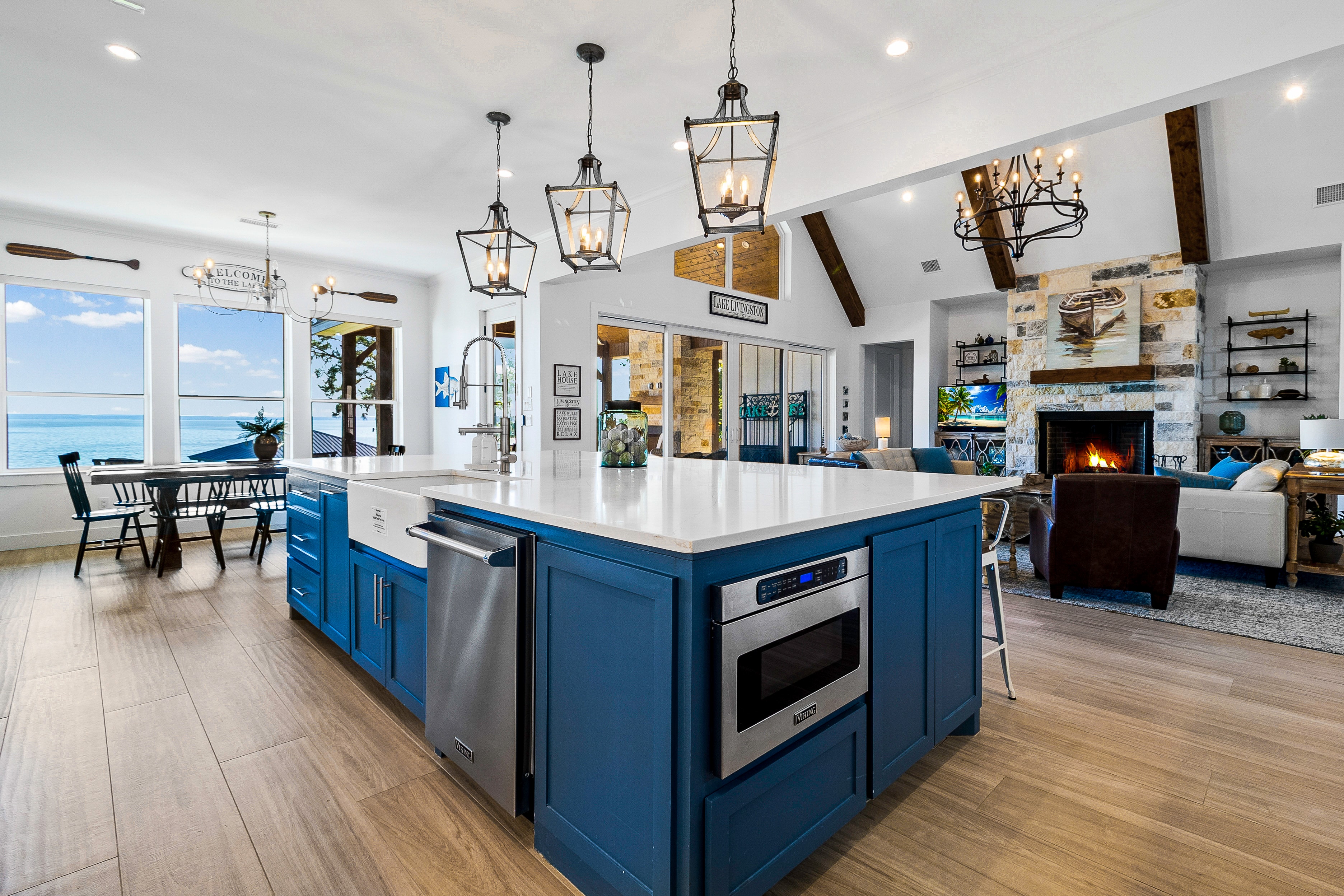Coastal kitchen with blue island
